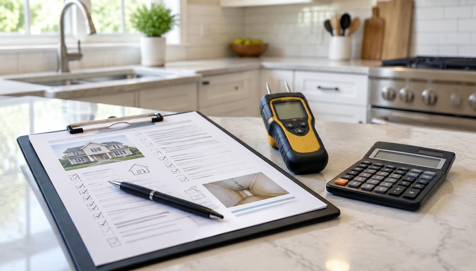 An inspection clipboard, moisture meter and calculator on a kitchen counter